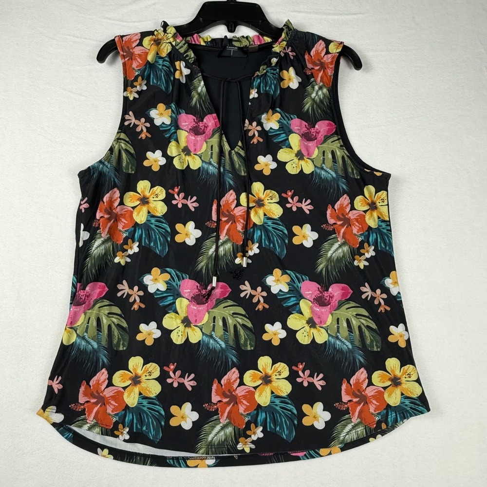Tahari Tropical Floral Sleeveless Top L Black Hibiscus Summer Resortwear Boho